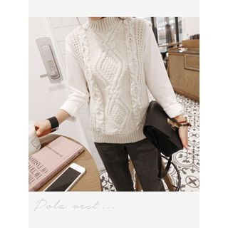hellopeco Mock-Neck Sleeveless Cable-Knit Sweater