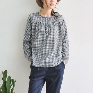 JUSTONE Elbow-Patch Half-Placket Gingham Blouse