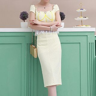 Naveen Set: Short-Sleeve Lace Trim Stripe Top + Midi Skirt