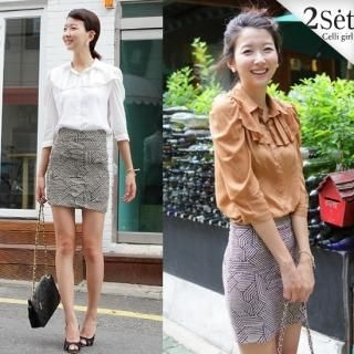 Buy Celli Girl Set: Ruffle-Accent 3/4-Sleeve Blouse + Patterned High-Waist Pencil Skirt 1023039041