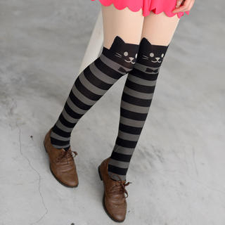 59 Seconds Cat Print Striped Tights Black, Gray and Nude - One Size