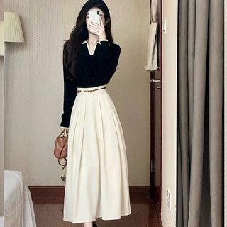 Long-Sleeve Collar Contrast Trim Knit Top / High Waist Pleated Midi A-Line Skirt