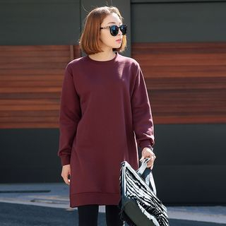 Seoul Fashion Slit-Side Brushed-Fleece Long Pullover