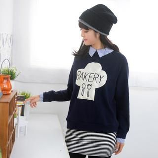 59 Seconds Striped Collar Appliqu  Pullover Navy Blue - One Size