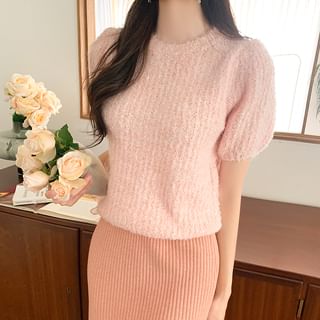 Crew-Neck Puff-Sleeve Knit Top