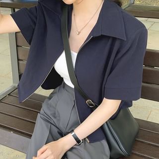 Short-Sleeve Collared Plain Zip Shirt