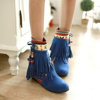 Pangmama Patterned Tassel Fringed Ankle Boots