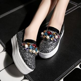 JY Shoes Embellished Glitter Platform Slip Ons