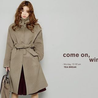 chuu Funnel-Neck Wool Blend Coat with Sash