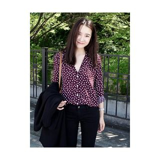 maybe-baby Notched-Lapel Patterned Chiffon Blouse