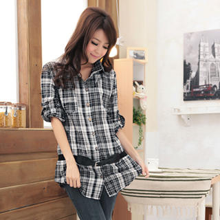 RingBear Belted Long Plaid Blouse