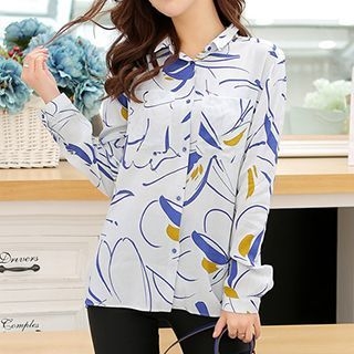 Swish Printed Long-Sleeve Perforated Blouse