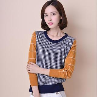 Cotton Candy Check Pattern Color-Block Knit Top
