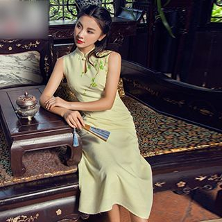 GU ZHI Set: Sleeveless Printed Dress + Midi Skirt