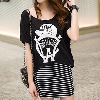 Rocho Set: Print T-Shirt + Striped Strappy Dress