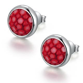 MBLife.com 925 Sterling Silver Red Shagreen Bezel Setting Round Circle Stud Earrings