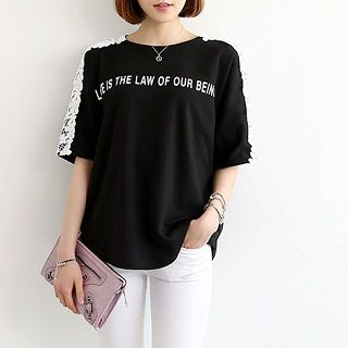 Everose Short-Sleeve Lace Panel Lettering Top