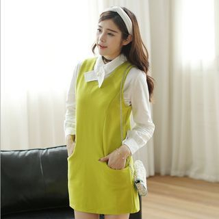 SUYISODA Set: Bow-collar Long-Sleeve Blouse + Sleeveless Dress