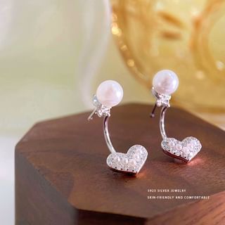 925 Sterling Silver Heart Faux Pearl Sterling Silver Ear Jacket Ear Jacket - 1 Pair - Love Heart - Silver - One Size