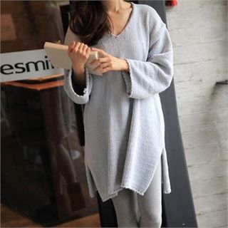 smusal V-Neck Side-Slit Long Sweater