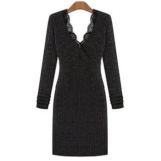 Eloqueen Long-Sleeve Lace Panel Knit Sheath Dress