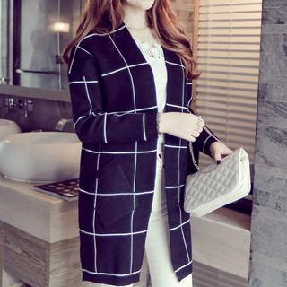 anzoveve Open Front Check Knit Long Jacket