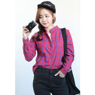 Dalkong Mandarin-Collar Plaid Shirt