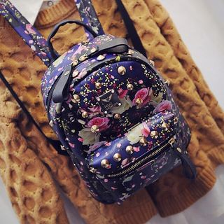 Seok Studded Rose Print Faux Leather Backpack