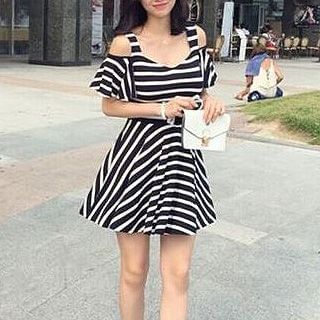 Fashion Street Striped Cutout Shoulder A-Line Dress