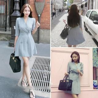 QZ Lady Elbow-Sleeve Double-Breasted Dress