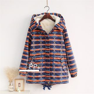 Mellow Fellow Geometric Stripe Printed Fleece-Lined Long Hooded Jacket