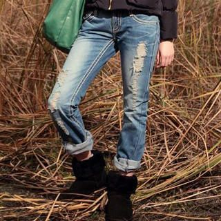 Distressed Boot-Cut Jeans