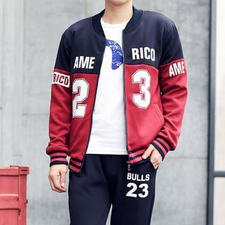 Danjieshi Set: Number Colour Block Baseball Jacket + Sweatpants