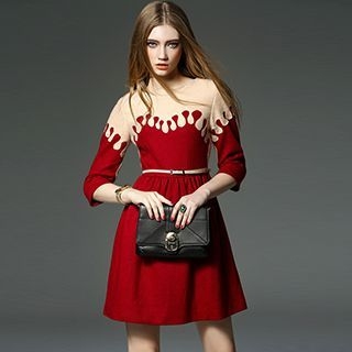 Queen Mulock 3/4-Sleeve Wool Blend Contrast-Color Dress