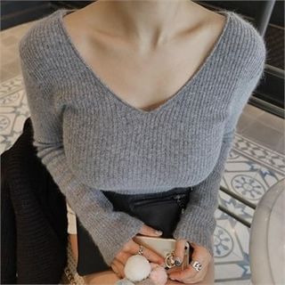 LIPHOP V-Neck Angora Wool Blend Rib-Knit Sweater