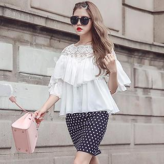 Romantica Set: Lace-Panel Layered Top + Dotted Skirt