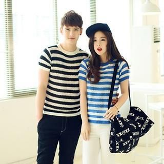 Evolu Couple Short-Sleeve Striped Knit Top