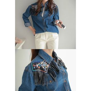 PPGIRL Fringed-Detail Denim Shirts