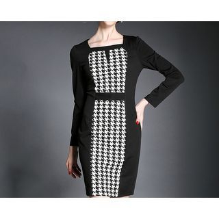 Merald Long-Sleeve Houndstooth Square Neck Dress