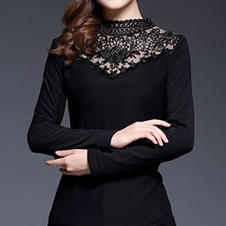 Poesia Lace Panel Mock Neck Long-Sleeve Top