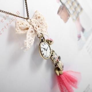 OrangeBear Cat & Clock Lace Bow Long Necklace