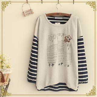 Fairyland Owl Print Striped T-Shirt