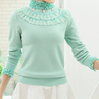 Emeline Lace Stand Collar Knit Pullover