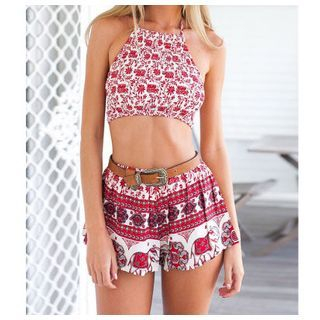 Sexy Romantie Set: Halter Flower Top + Patterned Shorts