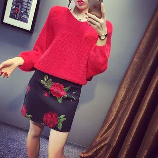 Ashlee Set: V-Neck Sweater + Flower Print Pencil Skirt