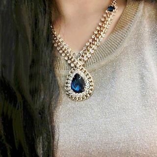 Clair Fashion Rhinestone Drops Necklace Emerald Blue - One Size