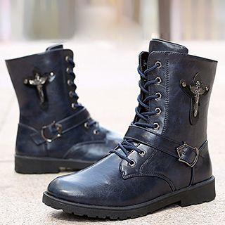 YAX Faux Leather Buckled Combat Boots