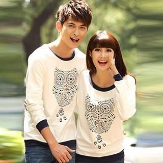 Igsoo Couple Long-Sleeve Owl Print T-Shirt