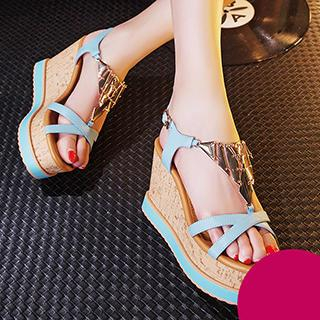 YIYA Cross-Strap Peep-Toe Wedge Sandals