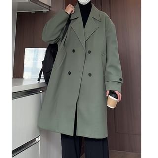 Notch Lapel Double-Breasted Plain Long Coat